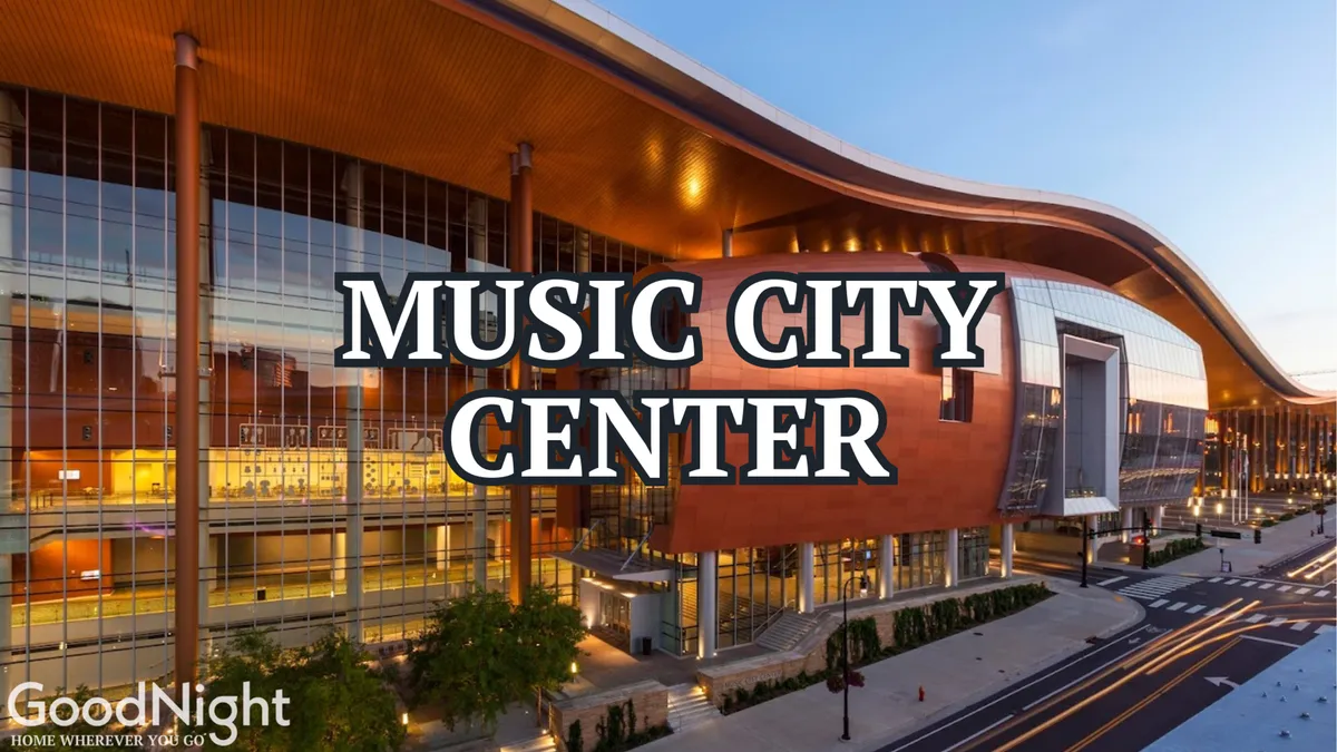 The Music City Center’s striking contemporary architecture framed by surrounding greenery, capturing the vibrancy of one of Nashville’s key business and event hubs.